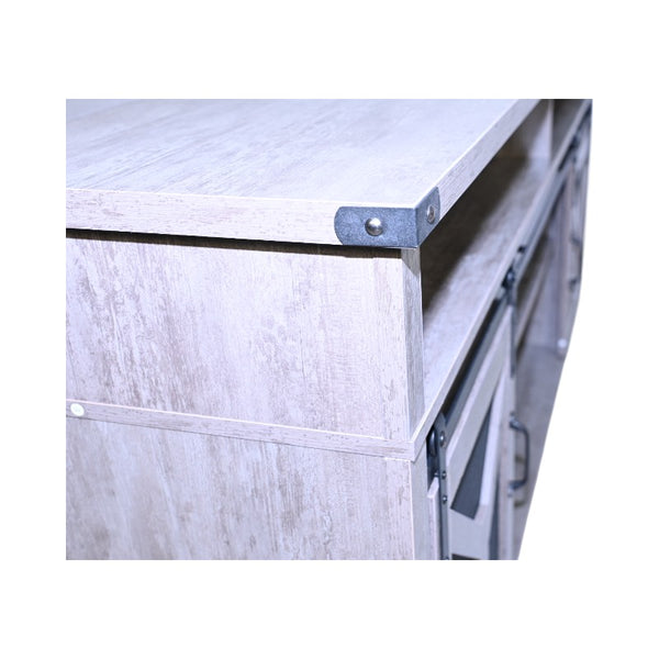 English Elm 65.3" TV Stand with LED Ambience, Sliding Iron Mesh Barn Doors, Y-Accent Rustic Farmhouse Storage Antique Gray W1412P271801