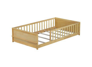English Elm Twin Floor Platform Bed With Book Rack & Fence, Durable Natural Finish For Cozy Kids' Rooms W504P345766-GIGA