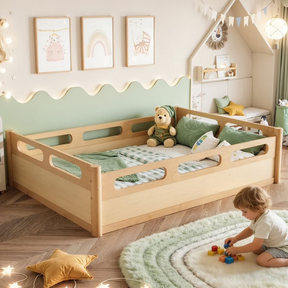 English Elm Twin Low Profile Floor Bed with Guardrails Pine Wood Frame Minimalist Bedroom Natural W1580P438793
