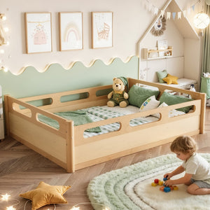 English Elm Twin Low Profile Floor Bed with Guardrails Pine Wood Frame Minimalist Bedroom Natural W1580P438793