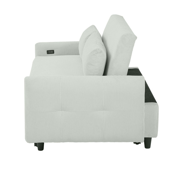 English Elm 57.48" Pull-out Sofa Bed Loveseat with USB Ports, Corduroy Upholstery, Pocket Spring Comfort, Compact Convertible Sleeper Pale Green N719P185194E