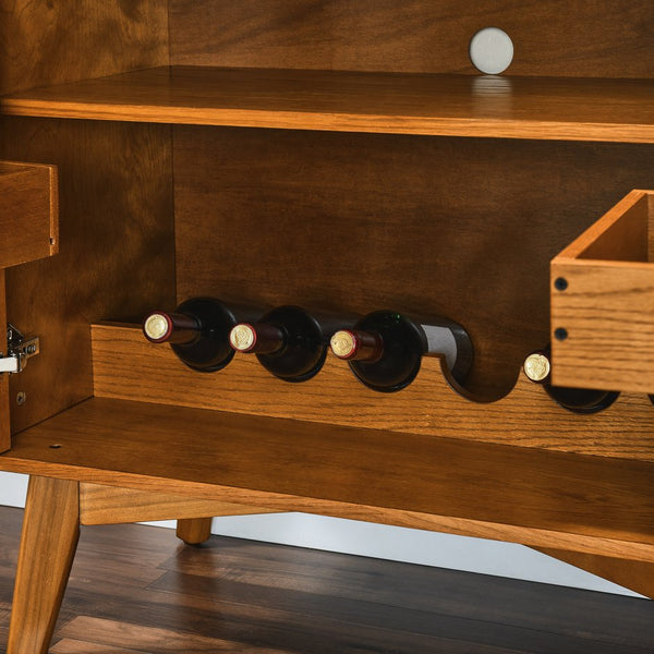 English Elm 31.5" Rustic Wine Cabinet with Solid Wood Handles & Feet, 6-Bottle Rack, 4-Row Glass Holder, Adjustable Shelves W1801P195634