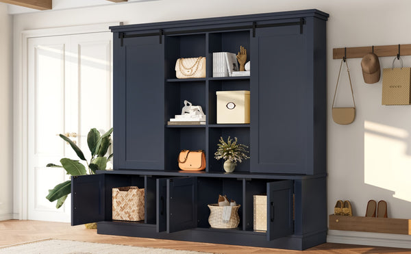 English Elm The Industrial Barn Door Entryway Cabinet with Sliding Rails and 12 Storage Compartments Blue W1580S00272
