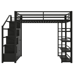 English Elm Full Full Size Metal Loft Bed with Storage Staircase, Shelves, Wardrobe & Guard Rail, Black 70" GX000664AAB