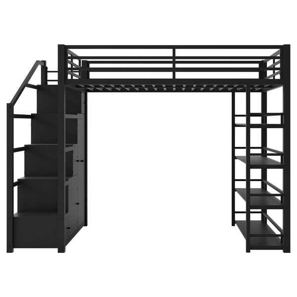 English Elm Full Full Size Metal Loft Bed with Storage Staircase, Shelves, Wardrobe & Guard Rail, Black 70" GX000664AAB