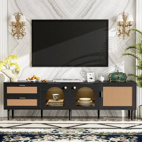 English Elm Rattan Black TV Stand with 3 Cabinets & 2 Rattan Drawers, LED Media Console, Cable Management, 80" N710P206015B