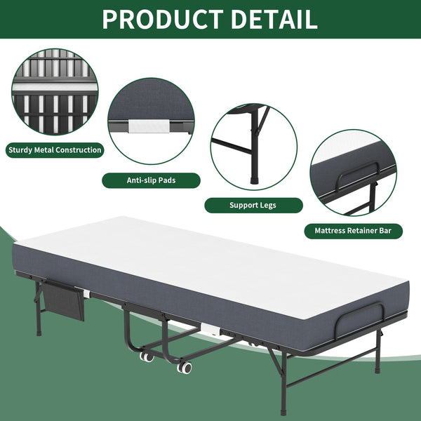 English Elm 75 Folding Bed with 5" Memory Foam Mattress, Tall 75" Rollaway Twin, 450lb Capacity, Slim Storage Wheels T2398P403868