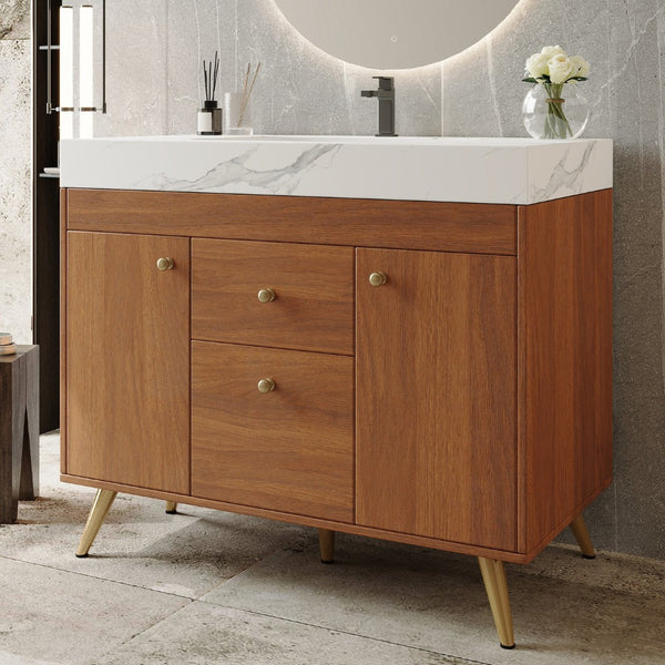 English Elm 36" Freestanding Bathroom Vanity Sintered Stone Top Ceramic Sink Stainless Steel Legs Gold,Walnut,White W3136S00074