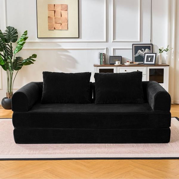 English Elm Convertible Corduroy Sleeper Sofa Foldable Three Seat Couch for Studio or Bedroom Black W3366P447116
