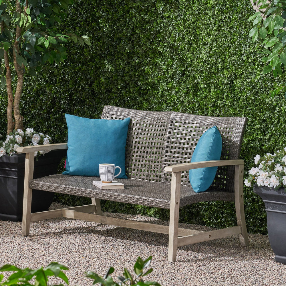 English Elm Christopher Knight Home® - HAMPTON Acacia Wood Wicker Loveseat with Iron Accents – Weather-Resistant Patio Seat, Handcrafted Comfort Grey 60396.00WTCLMBLK