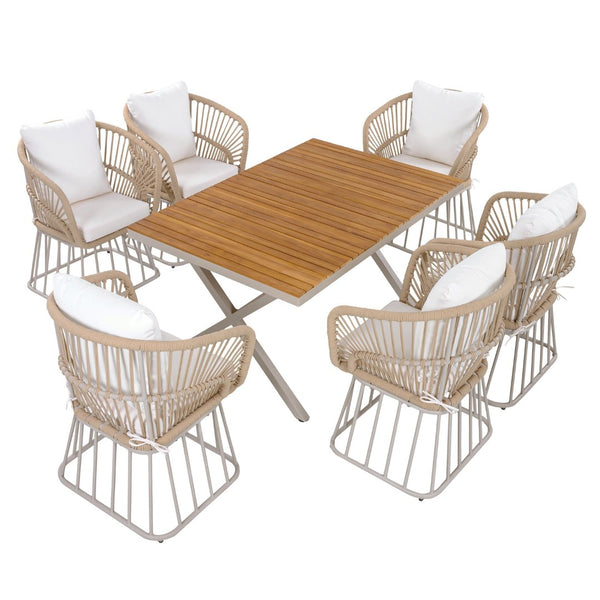 English Elm Outdoor Teak and Wicker Seven Piece Patio Dining Set with Cushioned Armchairs N770PS726B27B