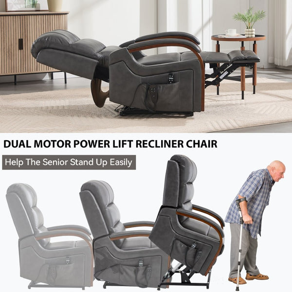 English Elm Power Lift Recliner with Dual Motor Heat Massage Leatheraire and Solid Wood Arms W1803S00081
