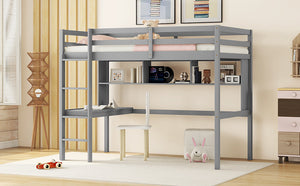 English Elm Twin Loft Bed with Built-In Desk and Bookcase, Pine Frame, Safety Guardrail, Ladder for Study Space Grey W504P181852