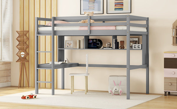 English Elm Twin Loft Bed with Built-In Desk and Bookcase, Pine Frame, Safety Guardrail, Ladder for Study Space Grey W504P181852