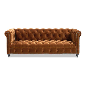 English Elm Jennifer Taylor Home - Alto 88" Tufted Chesterfield Sofa in Burnt Orange Performance Velvet — Handcrafted, Nailhead Trim, Durable Comfort B2719P280169