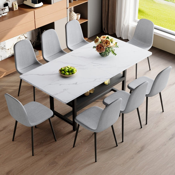 English Elm Table Set With 8 Light Gray Chairs - Modern 71" Dining Table With Hidden Storage For Minimalist Homes W1151S04262-GIGA