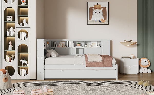 English Elm Twin Daybed with Built-In Shelves, USB Port & Trundle — Solid Pine Frame, Sturdy Storage and Smooth Wheels for Space-Saving Sleep Solutions White GX000467AAK