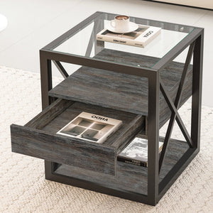 English Elm 1 Modern End Table With Drawer - Industrial Rustic Wood & Glass Nightstand, Compact Storage Solution W241P246916