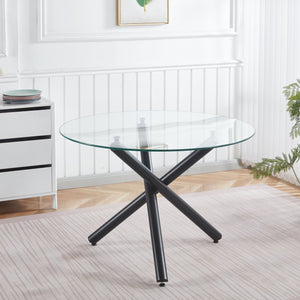 English Elm Black Glass Dining Table with Metal Legs — Modern Space-Saving 110x110x75cm Stable Easy-Clean Table W234P311863