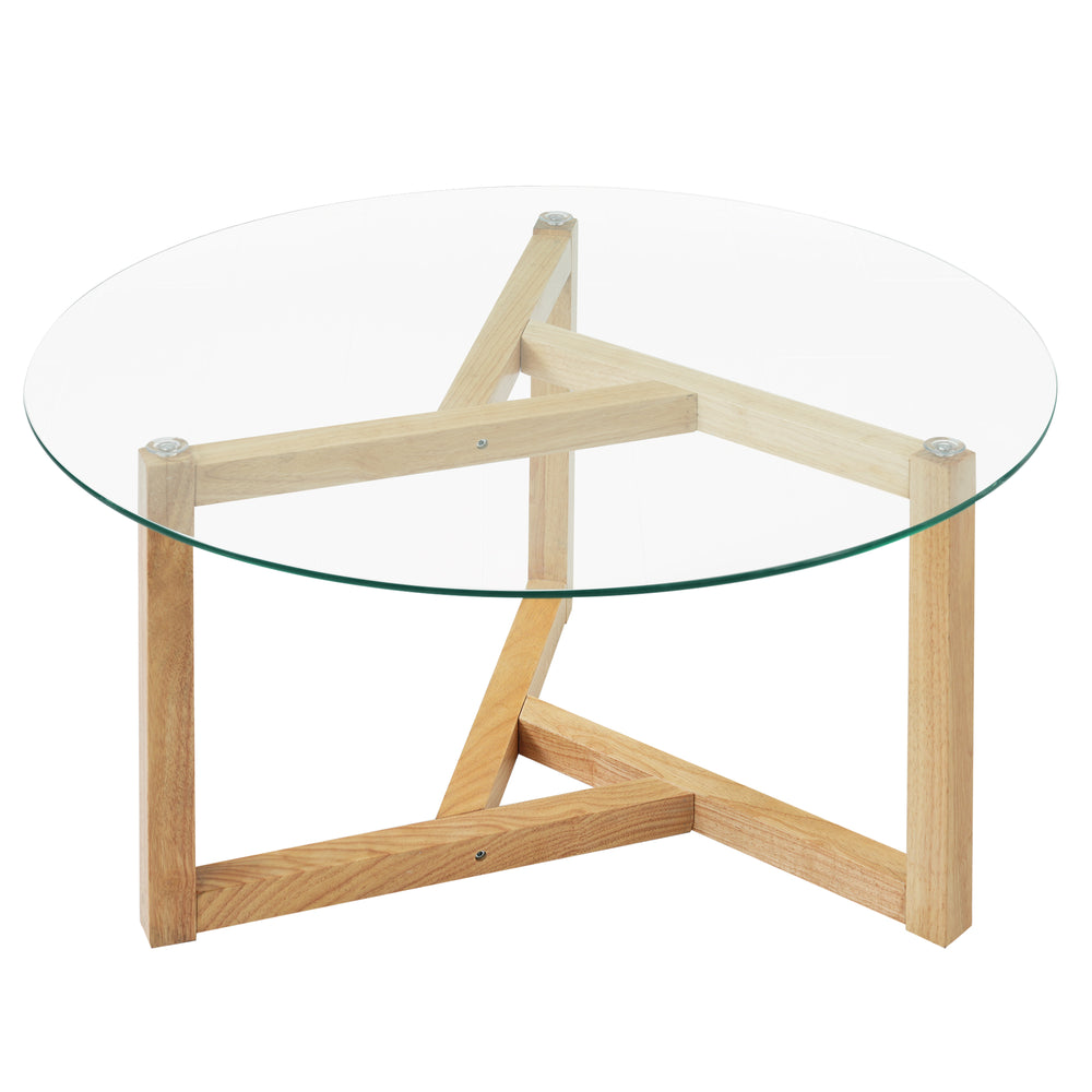English Elm [New Round Glass Coffee Table] 8mm Tempered Top, Sturdy Tripod Wood Base, Modern Easy Assembly, Natural Finish WF293702AAA