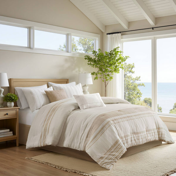 JLA Home Harbor House Blue - 6 Cotton Jacquard Oversized Comforter Set with Hypoallergenic Fill, Ivory Blue Stripes, OEKO‑TEX Certified 96 L x 110 W x 1.5H HH10-1989