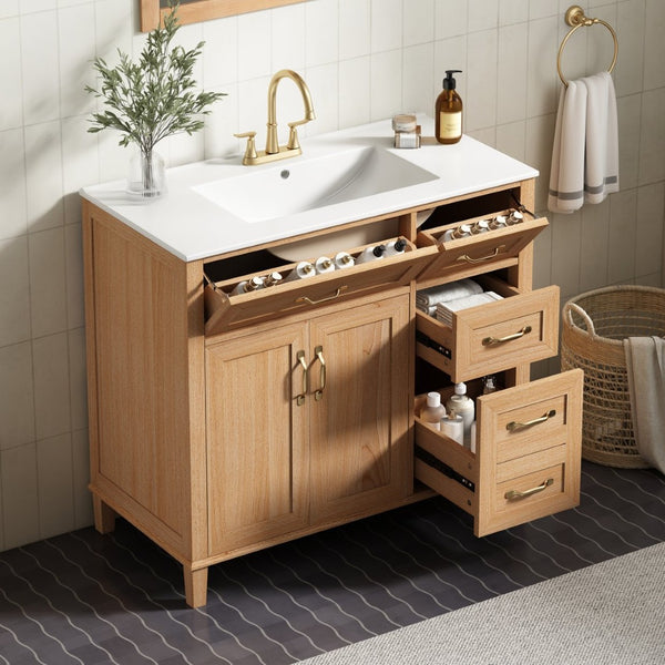 English Elm [video] 36 Inch Freestanding Bathroom Vanity with Ceramic Sink and Soft Close Storage N759P395344N