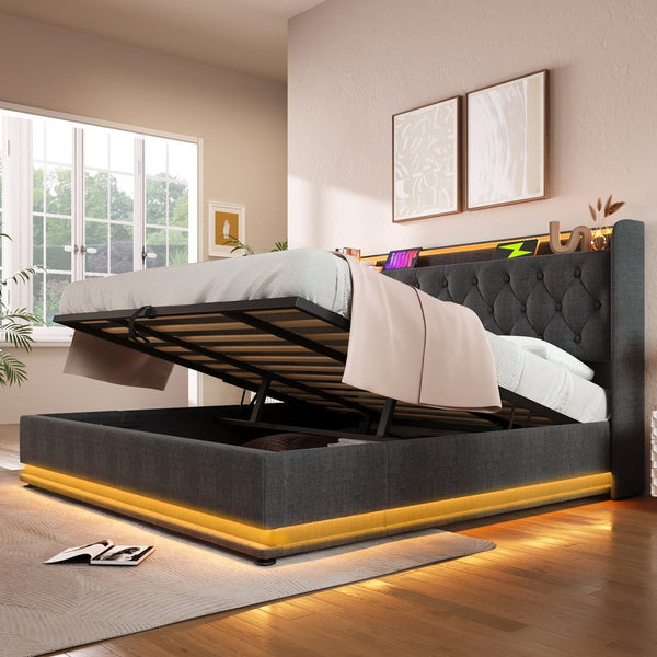 English Elm King Upholstered Bed with Surround LED, App/Remote Control, Hydraulic Storage, USB Type-C Charging Gray N736P188808G