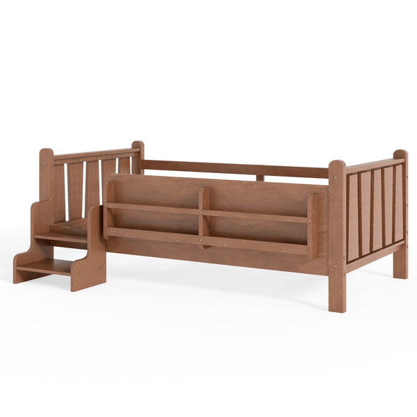English Elm Twin Pine Floor Bed for Kids with Side Bookcases Built-in Stairs and Safety Guardrails Natural W1580P390215