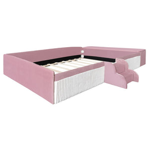 English Elm Full Size Kids Velvet Platform Daybed with Storage Ottoman Staircase Padded Rails Pink+White SF000202AAH