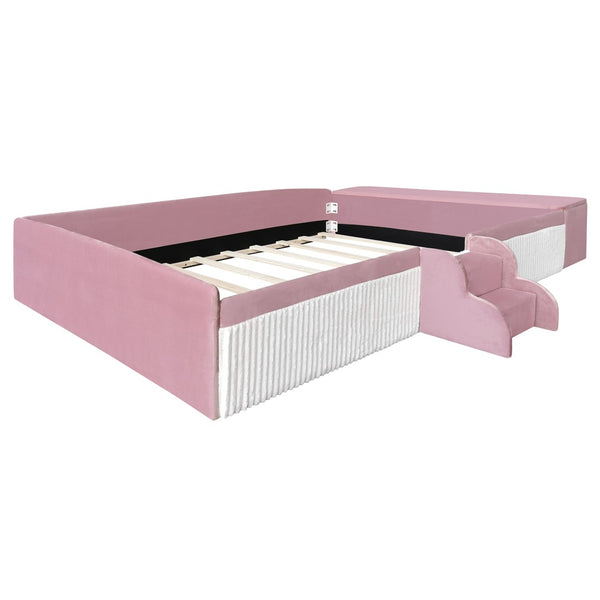 English Elm Full Size Kids Velvet Platform Daybed with Storage Ottoman Staircase Padded Rails Pink+White SF000202AAH