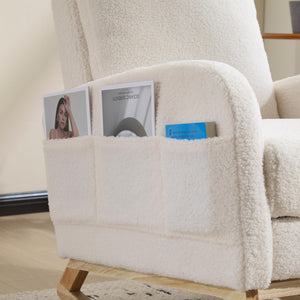 English Elm Modern Upholstered Glider Rocker with Teddy Fabric High Back and Rubberwood Base White W3723P409074