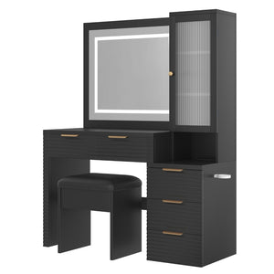 English Elm 43.5" Fluted Black Makeup Vanity with Lighted Mirror Charging Station and Storage Stool N704P340248B