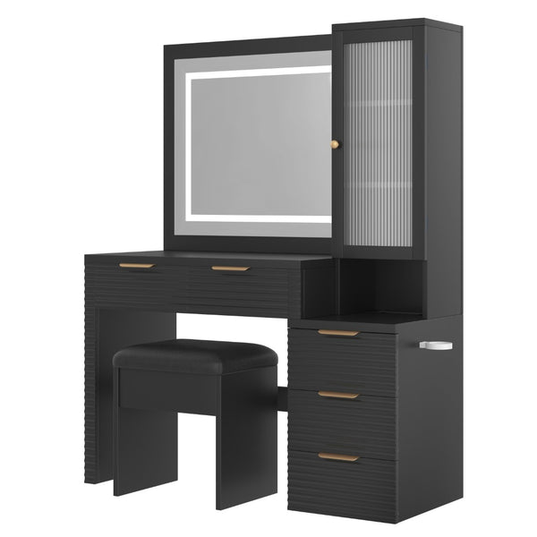 English Elm 43.5" Fluted Black Makeup Vanity with Lighted Mirror Charging Station and Storage Stool N704P340248B