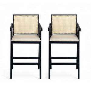 English Elm Christopher Knight Home® - 27" Woven Cane Back Bar Stool with Foam-Padded Polyester Seat, Durable Rubberwood Frame, 300lb Capacity Black+Natural,Cream Grey N780P237930B