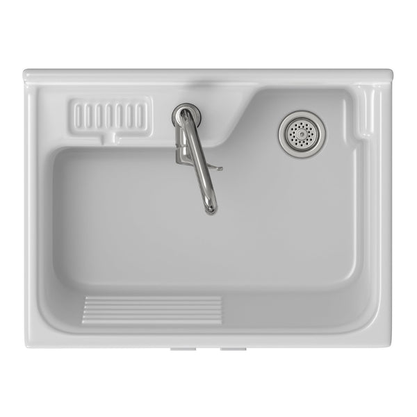 English Elm Murphy Beadboard Laundry Sink Cabinet with Deep Abs Basin and Chrome Faucet Included B136P427217