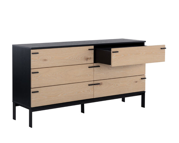 Sunpan ROSSO Dresser – Modern Industrial Black Wood Frame with Rustic Oak Drawers & Matte Iron Legs 108791