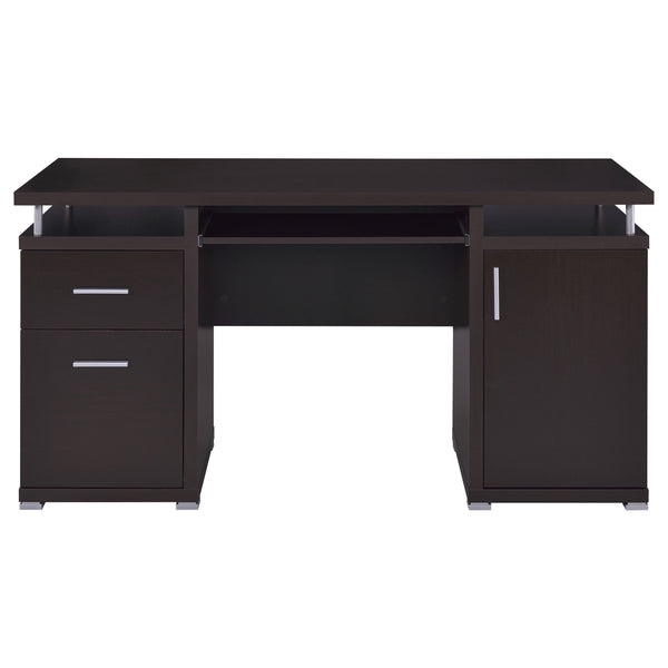 English Elm 1pc Modern 55-inch Computer Desk with Slide-Out Keyboard Tray, Adjustable Shelf & File Drawer, Silver Accents Cappuccino 59.84 L x 26.97 W x 9.25 H B011P361983