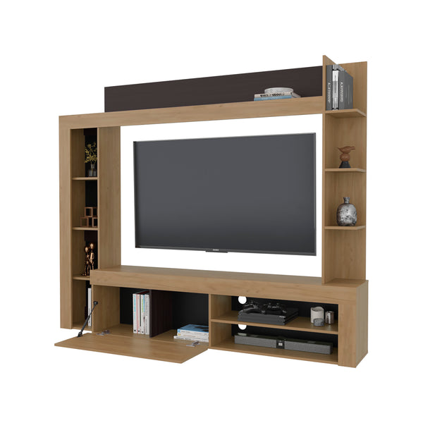 English Elm Entertainment Center 70" TV Stand with Shelves & Cabinets, Modern Natural Oak Beige, Scratch-Proof Design B128P387082