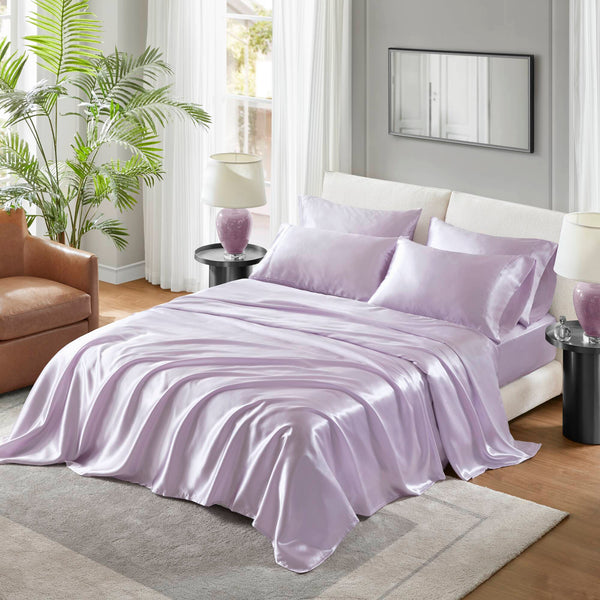 English Elm 6 Luxury Queen Sheet Set Satin 100% Polyester 90GSM Smooth Wrinkle-Resistant Deep Pocket Bedding Purple 11.81 L x 9.84 W x 3.94 H B035P319703