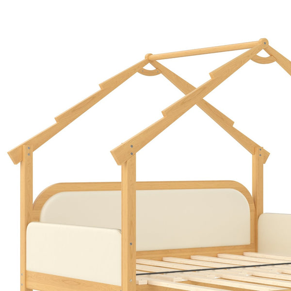 English Elm Twin Pine Treehouse Floor Bed with Padded Rails and Cabin Roofline for Kids White W1580S00383