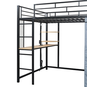 English Elm Full Loft Metal Bed with Built-In Desk, LED Strip, Power Outlet and Fabric Wardrobe for Space-Saving Living Black SF000179AAB