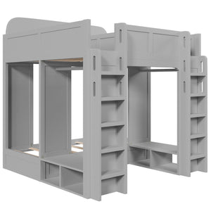 English Elm Triple Bunk Bed Wood Frame with Built in Shelves Hooks for Shared Kids Rooms Gray N7090004027E