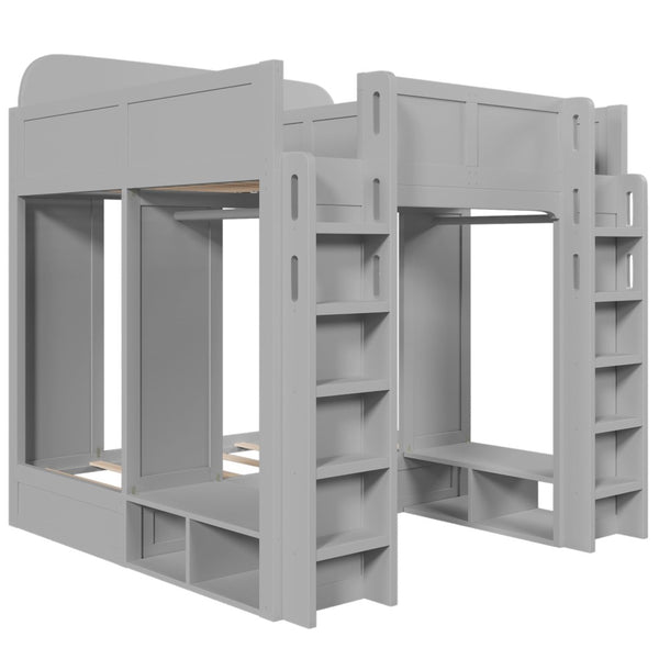 English Elm Triple Bunk Bed Wood Frame with Built in Shelves Hooks for Shared Kids Rooms Gray N7090004027E