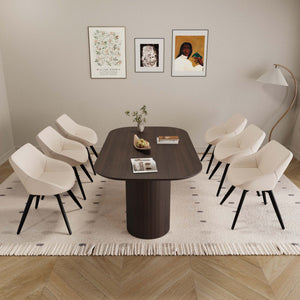 English Elm 63" Medieval-Modern Brown Mdf Dining Table Set With 6 Beige Pu Chairs & Black Metal Legs For Elegance W2189S00690