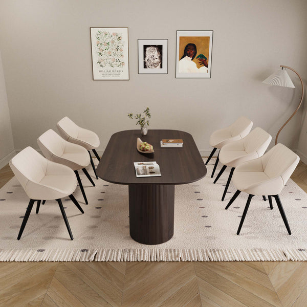 English Elm 63" Medieval-Modern Brown Mdf Dining Table Set With 6 Beige Pu Chairs & Black Metal Legs For Elegance W2189S00690