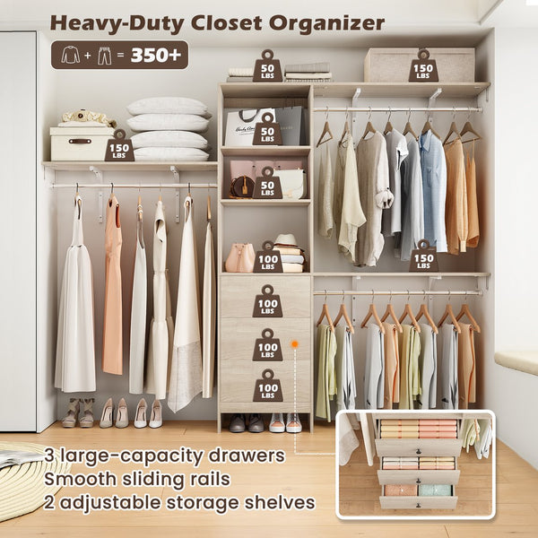 English Elm Closet Organizer - Versatile High Capacity Wardrobe Rack With 3 Drawers & Expandable Hanger Rods T3623P409124
