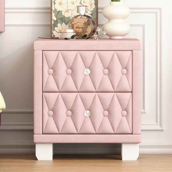 English Elm Elegant Velvet Upholstered Nightstand with Crystal Knobs Tufted Glam Bedside Storage Pink N733P210398H