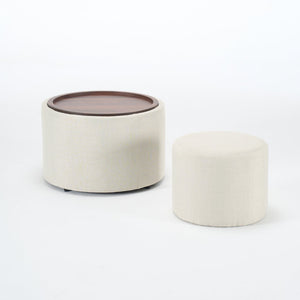 English Elm Ball Cast Round Nesting Ottoman Set Linen Upholstered Hidden Storage with Wooden Tray Beige W3163P379373