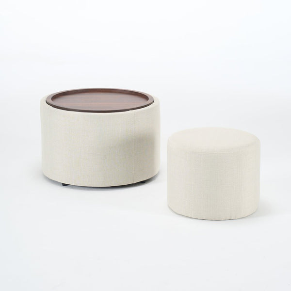 English Elm Ball Cast Round Nesting Ottoman Set Linen Upholstered Hidden Storage with Wooden Tray Beige W3163P379373