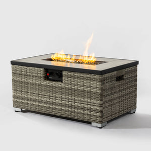 English Elm 32" Outdoor Propane Fire Pit Table with Ceramic Top, 50,000 BTU Stainless Steel Burner, Wicker Base and Tank Cover Beige W853P202196